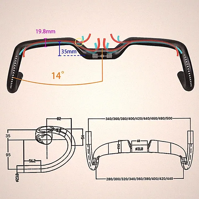 14° Carbon Fiber Gravel Bicycle Handlebar Aero Internal Cable 280-440mm