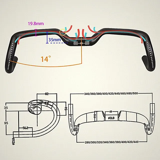 14° Carbon Fiber Gravel Road Bicycle Handlebar Aero Drop Bar Internal Cable