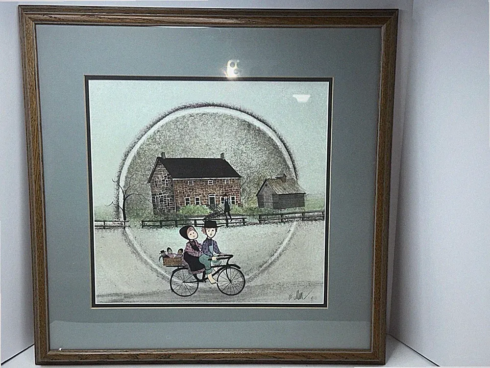 1990 P Buckley Moss "Tandem" Bicycle Matted & Framed 14" x 13" Print #145/1000