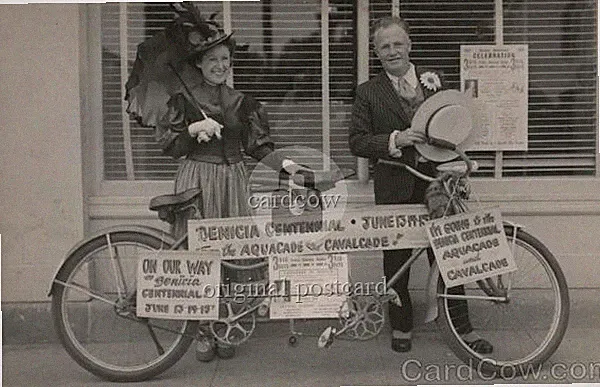 Benicia, California CA Couple with tandem bicycle & Signs, Benicia RPPC